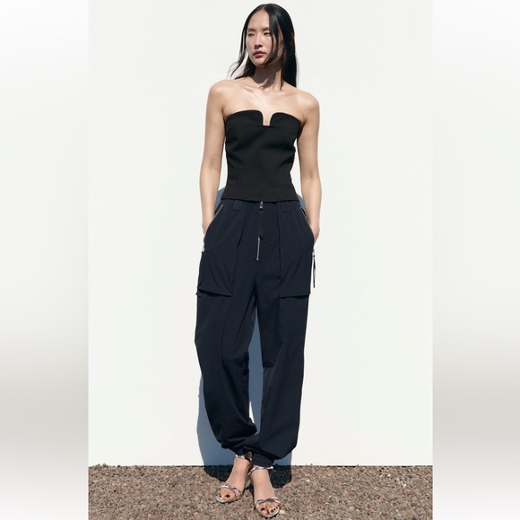 ZARA CARGO PANTS WITH ZIPPER NAVY BLUE - Picture 3 of 9